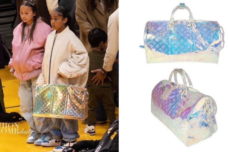 North West Attended the Lakers Game in an Off White Prada Bomber jacket with Virgil Abloh Louis Vuitton Duffle bag