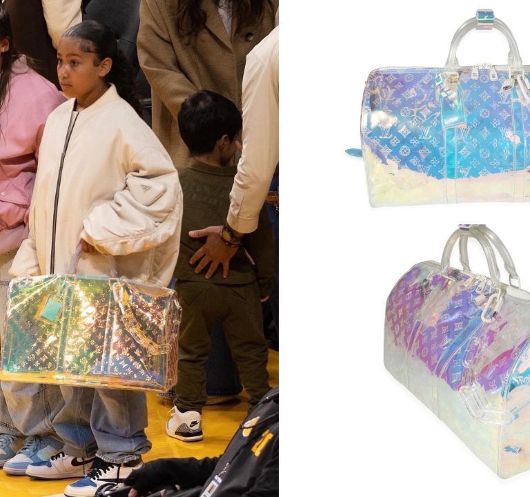 North West Attended the Lakers Game in an Off White Prada Bomber jacket with Virgil Abloh Louis Vuitton Duffle bag