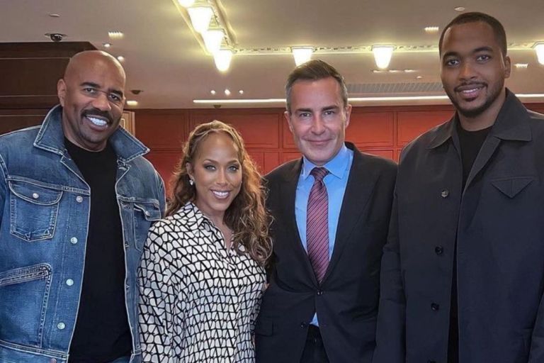 Steve Harvey Takes on Paris in a Custom Berluti Shearling coat, Tom Ford Denim Jacket and Fear of God Jeans with Wife Marjorie Harvey in a Valentino Shirt Dress