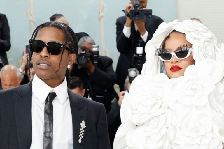 Rihanna Pays Homage to Karl Lagerfeld in a White Floral Valentino Cape Gown with A$AP Rocky in Gucci at the 2023 Met Gala