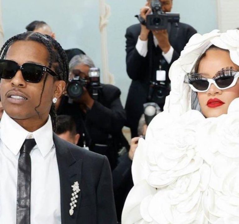 Rihanna Pays Homage to Karl Lagerfeld in a White Floral Valentino Cape Gown with A$AP Rocky in Gucci at the 2023 Met Gala