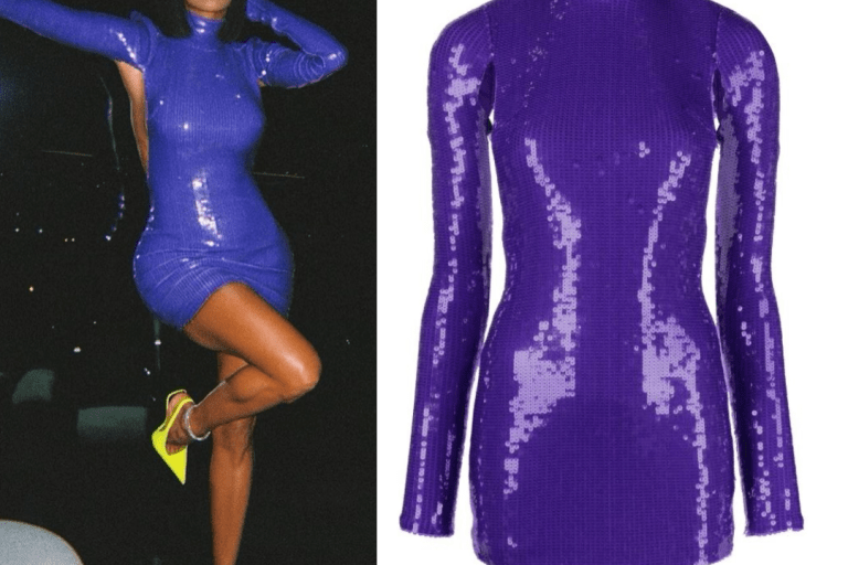 Erica Mena Attended ‘The Stepmother 3’ Movie Premiere in a Backless LaQuan Smith Purple Sequins Mini Dress and Neon Green Tom Ford Heels