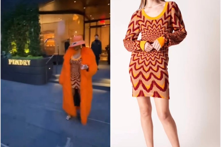 Joseline Hernandez Spotted in NYC Wearing a Marni Orange Printed Dress, Marni Cut Out Hat and Daniel’s Leather Mongolian Fur Jacket