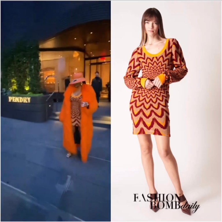 Joseline Hernandez Spotted in NYC Wearing a Marni Orange Printed Dress, Marni Cut Out Hat and Daniel’s Leather Mongolian Fur Jacket