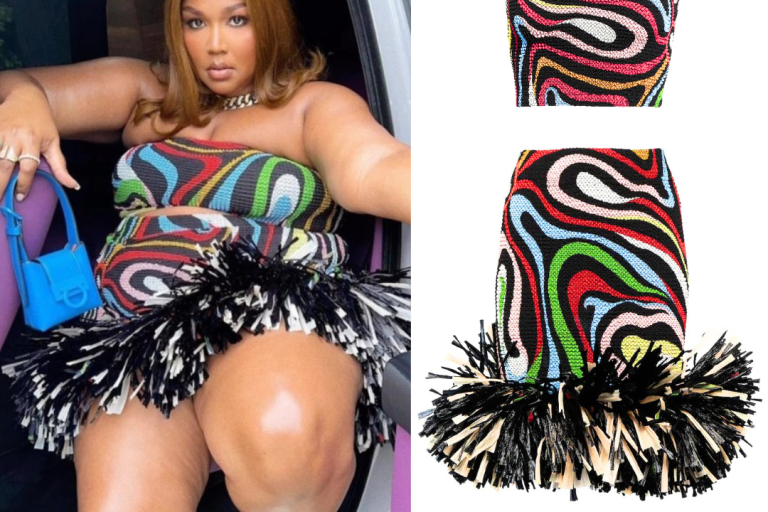 Lizzo Pulled Up in a Multicolored Emilio Pucci Strapless Top and Fringed Mini Skirt