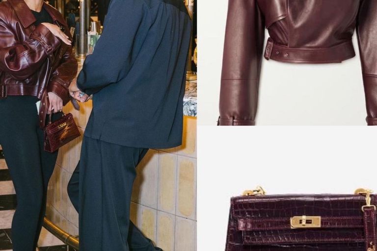 Lori Harvey Wore a Saint Laurent Lambskin Cropped Moto Jacket and a Burgundy Hermes Kelly 20 Bag While Out in LA
