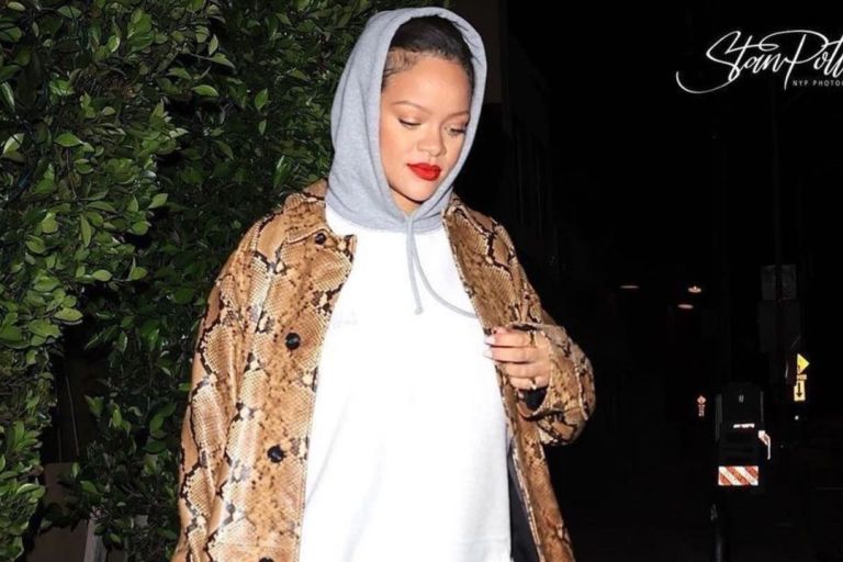 Rihanna Stepped Out in a Grey Vetements Hoodie Layered with a Snakeskin Trench and Tom Ford Heels