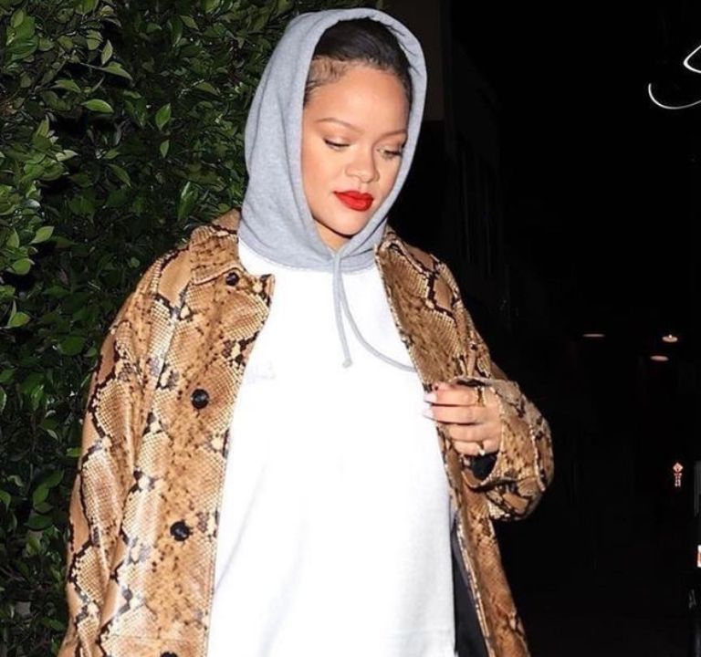 Rihanna Stepped Out in a Grey Vetements Hoodie Layered with a Snakeskin Trench and Tom Ford Heels