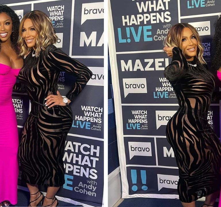 Sheree Whitfield and Porsha Guobadia Appeared on Bravo Watch What Happens Live in a Black Versace Dress and Hot Pink Brandon Maxwell  Strapless Gown