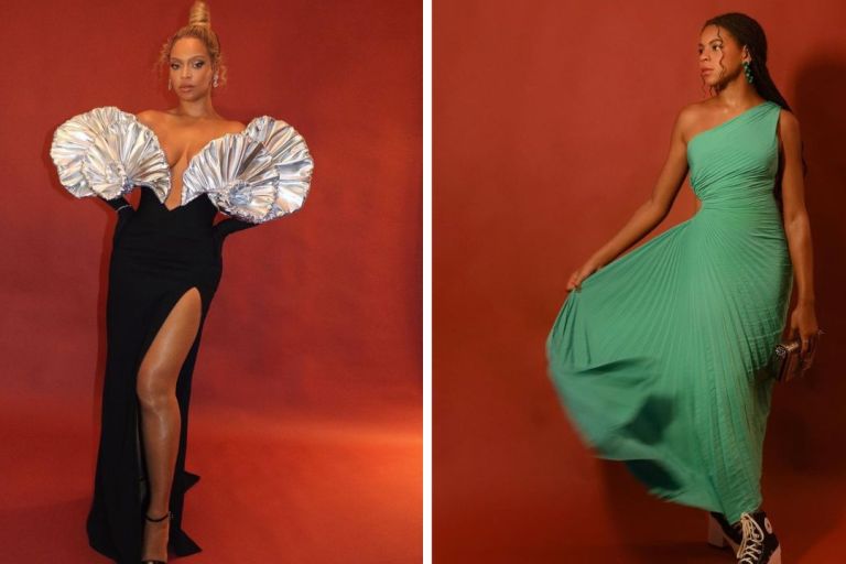 Beyoncé Attended the Shawn Carter Foundation Gala in a Silver Metallic Custom Valdrin Sahiti Gown with Blue Ivy in a $695 Emerald ALC Cutout Dress