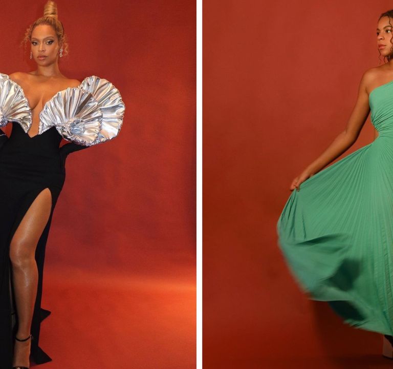 Beyoncé Attended the Shawn Carter Foundation Gala in a Silver Metallic Custom Valdrin Sahiti Gown with Blue Ivy in a $695 Emerald ALC Cutout Dress