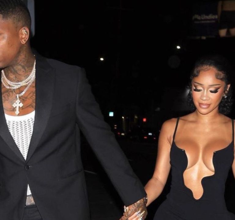 Fashion Bomb Couple: Saweetie Wore a Black $945 Christoper Esber Salacia Plunging Wavy U-ring Dress on a Date with Beau YG
