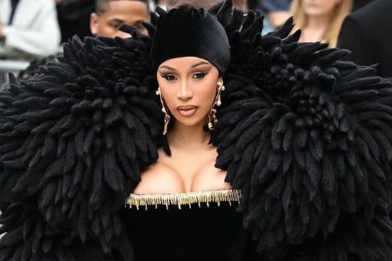 Fashion Bomb Couture: Cardi B Arrived to the Schiaparelli Paris Couture show in a Black Custom Schiaparelli Over-the-Top Gown