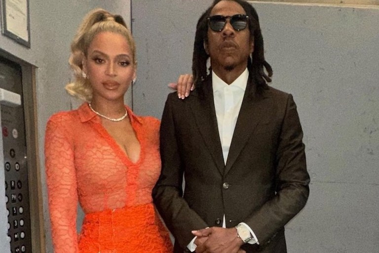 Beyonce Attends Jay Z’s Book of Hov Book Signing with Blue Ivy in Orange Laquan Smith Lace Top and Sequin Skirt + Blue Ivy’s Denim Reformation Dress and Fendi First Shield Sunglasses