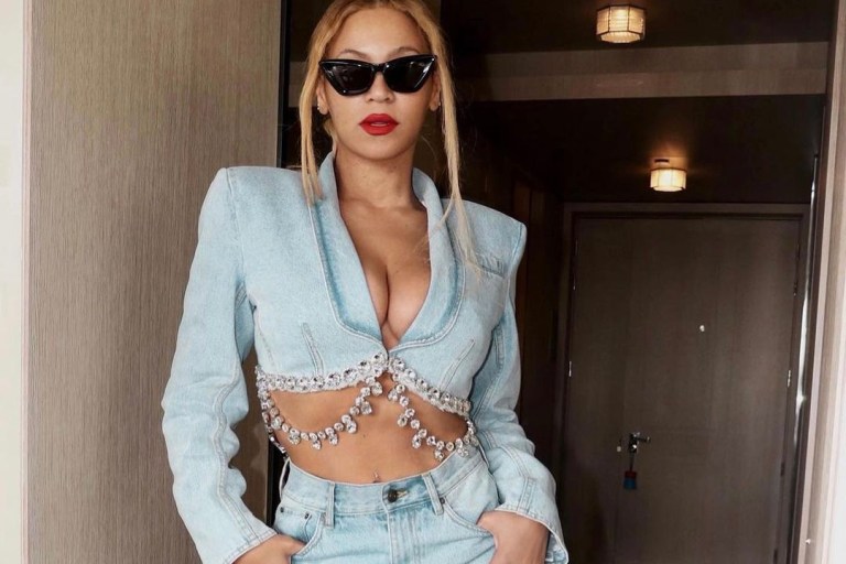 Beyoncé Wore an Area Denim Embellished Ensemble with a Louis Vuitton Handbag
