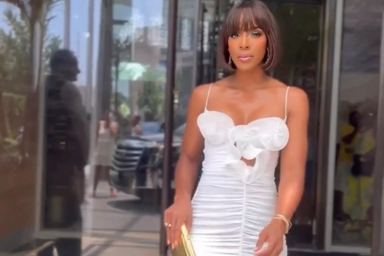 Hot or Hmm?: Kelly Rowland Stepped Out in a White Magda Butrym Floral Appliqué Dress with Gold BYDOSE Heels
