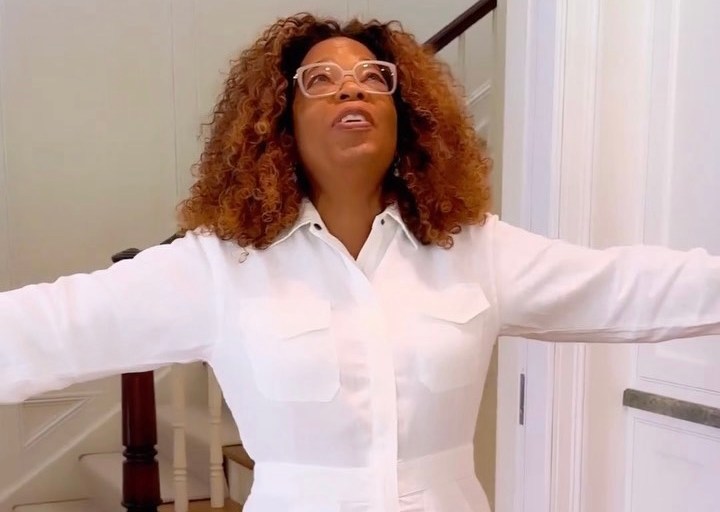 Get the Look: Oprah Winfrey Goes Viral Wearing a White Rivet Utility Jumpsuit