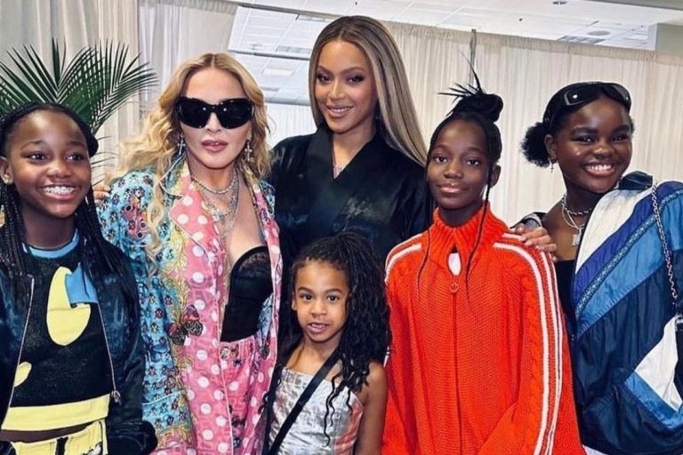 Madonna Took A Rare Photo with Beyonce, Rumi and her Children in a $3,600 Versace Set Backstage at the Renaissance Tour + Shop the Look!