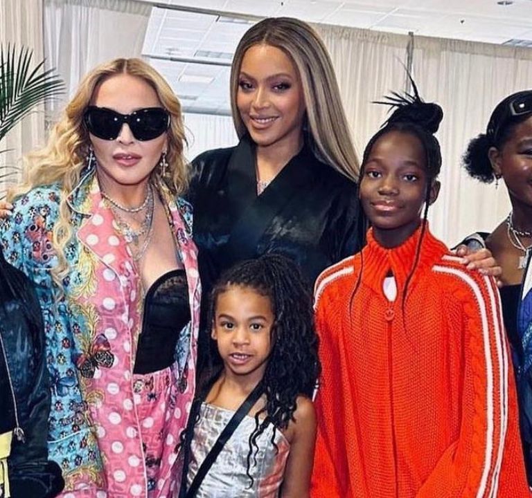 Madonna Took A Rare Photo with Beyonce, Rumi and her Children in a $3,600 Versace Set Backstage at the Renaissance Tour + Shop the Look!