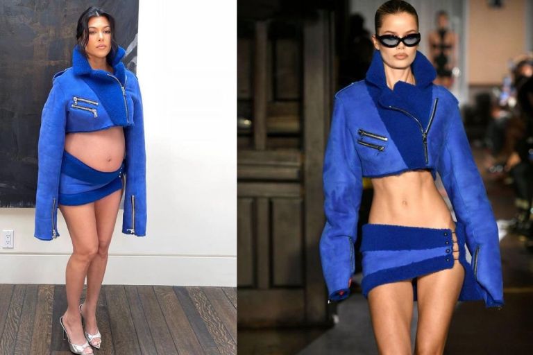Kourtney Kardashian Turns to Designer LaQuan Smith in a FW22/23 Cobalt Blue Cropped  Leather Biker Jacket and Matching Skirt