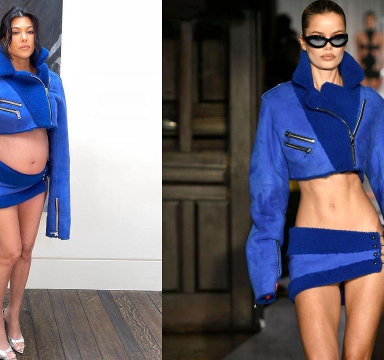 Kourtney Kardashian Turns to Designer LaQuan Smith in a FW22/23 Cobalt Blue Cropped  Leather Biker Jacket and Matching Skirt