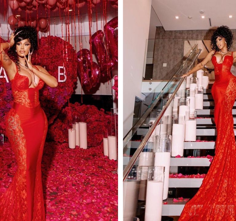 Cardi B Celebrated her Birthday in a Seductive Red Lace Candice Cuoco Dress with Hubby Offset in Los Angeles