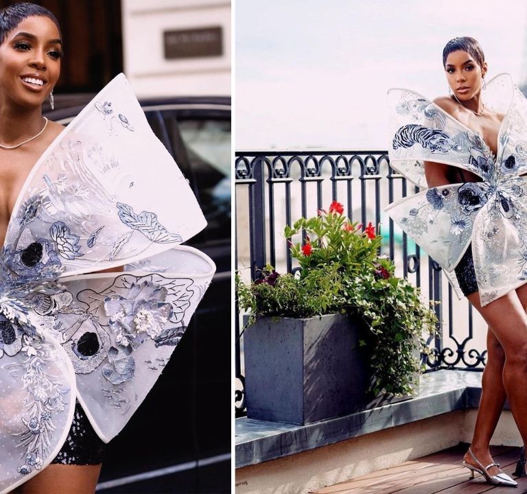 Kelly Rowland Was a Knockout in a White and Silver Embroidered Rahul Mishra Ensemble During Paris Fashion Week
