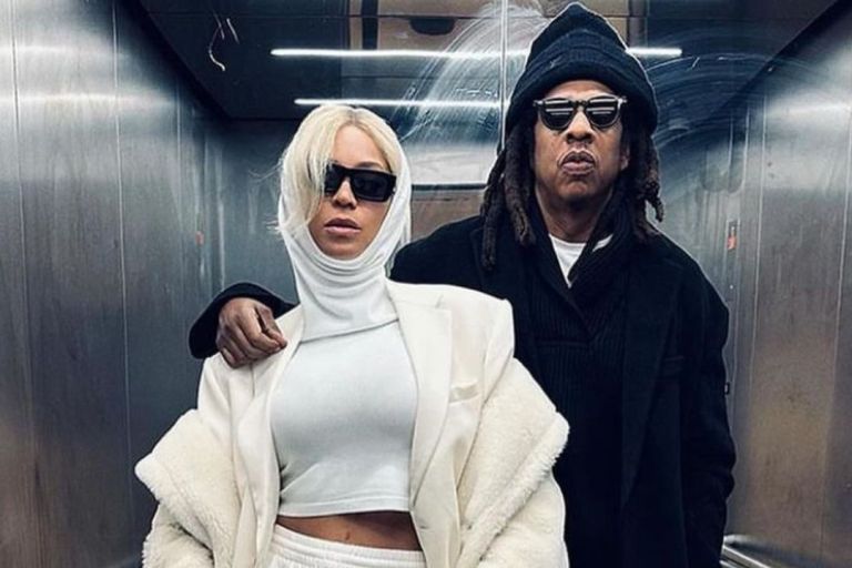 Fashion Bomb Couple: Beyoncé Posed with Jay-Z in an All White Monochromatic Look Including a $1,090 Alaia Crop Hooded