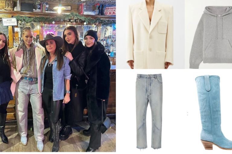 Rihanna Posed with Kyle Richards and Family in a $4,500 Cream YSL Blazer, a $3,500 Grey  Bottega Cashmere Hoodie, $855 Light Washed Balenciaga Jeans, and $575 Blue Suede Kemo Sabe Boots