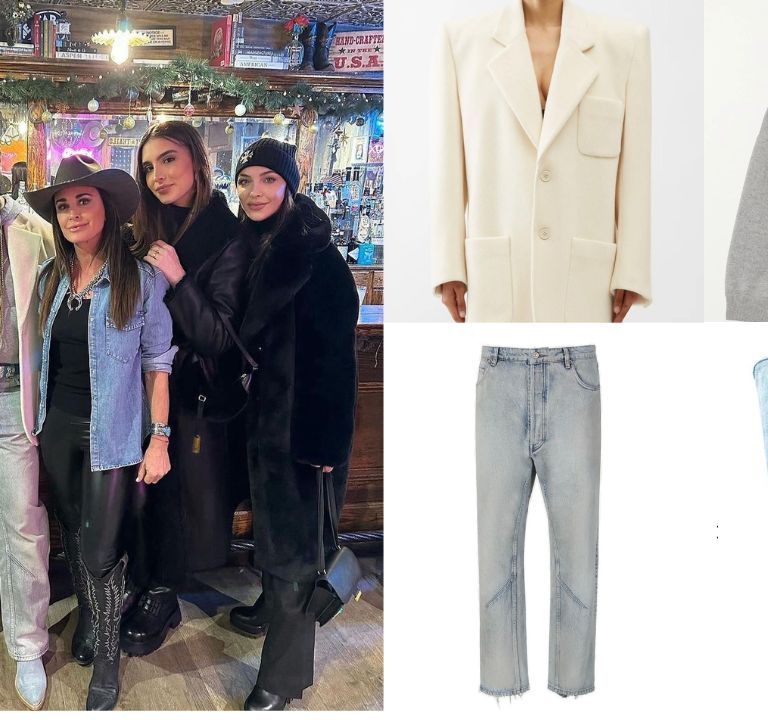 Rihanna Posed with Kyle Richards and Family in a $4,500 Cream YSL Blazer, a $3,500 Grey  Bottega Cashmere Hoodie, $855 Light Washed Balenciaga Jeans, and $575 Blue Suede Kemo Sabe Boots