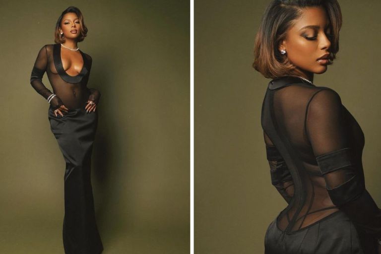 Victoria Monét Wore a Black LaQuan Smith FW23 Satin Gown and Azature Jewelry to Celebrate Grammy Week