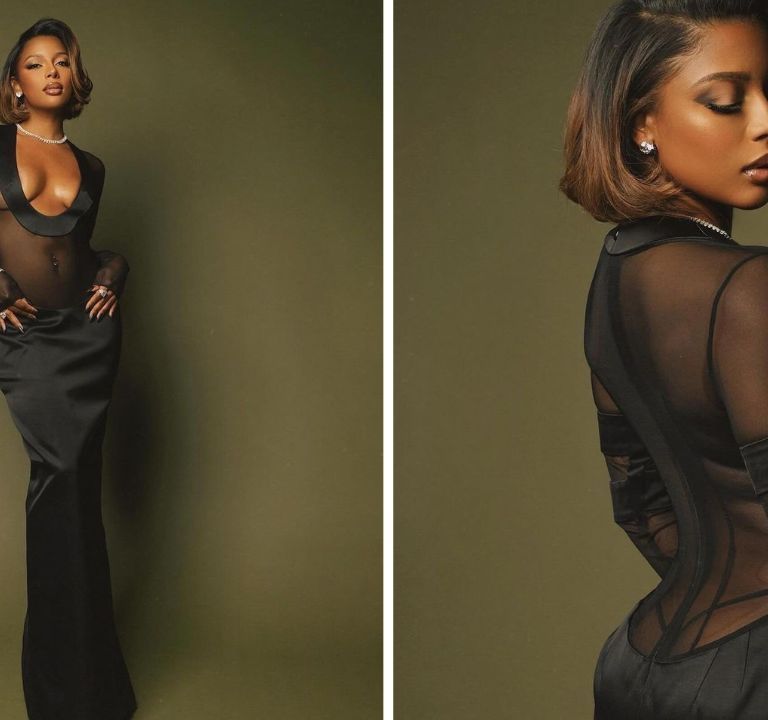 Victoria Monét Wore a Black LaQuan Smith FW23 Satin Gown and Azature Jewelry to Celebrate Grammy Week