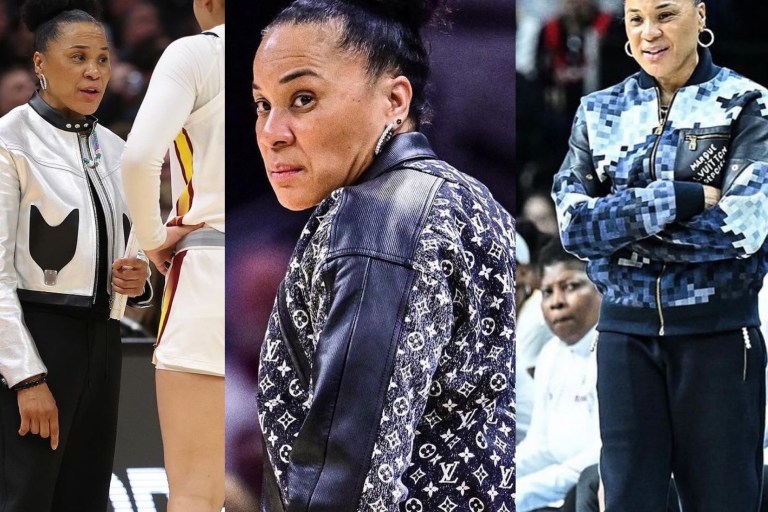 South Carolina Basketball Coach Louis Vuitton Dawn Staley Wins National Championship in LV Silver & Black and Monogram Denim Jackets