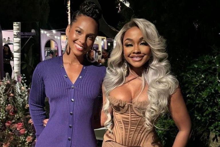 Alicia Keys Wore a $1,285 Purple The Attico Dress with Phaedra Parks in a Brown House of CB Dress at an Amazon Event