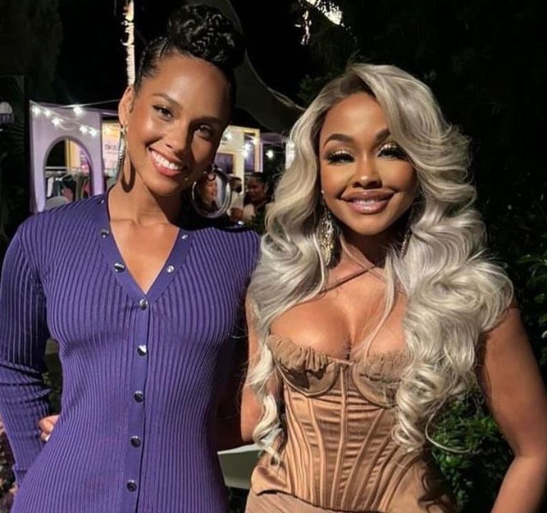 Alicia Keys Wore a $1,285 Purple The Attico Dress with Phaedra Parks in a Brown House of CB Dress at an Amazon Event