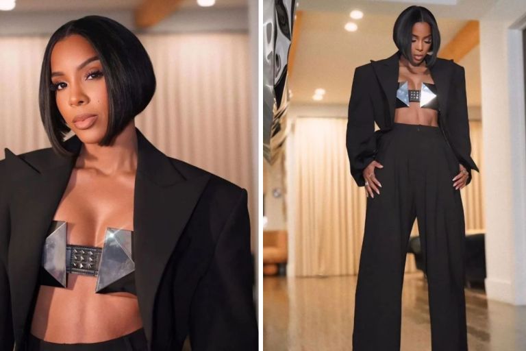 Kelly Rowland Wore a Black Giuseppe Di Morabito Look with a Metal Ashton Michael Bra and Black Ricagno Heels