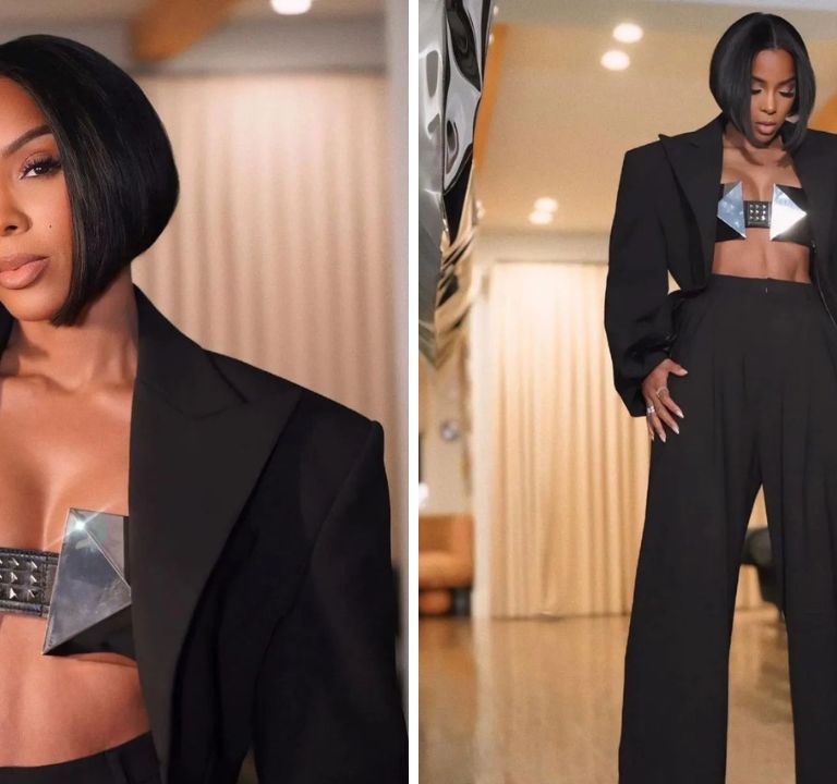 Kelly Rowland Wore a Black Giuseppe Di Morabito Look with a Metal Ashton Michael Bra and Black Ricagno Heels