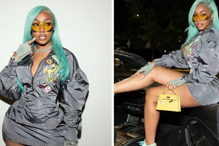 Yung Miami Posed for the ‘Gram in a Grey $2,500 Nylon Ferrari Look with a Yellow Hermes Mini Kelly