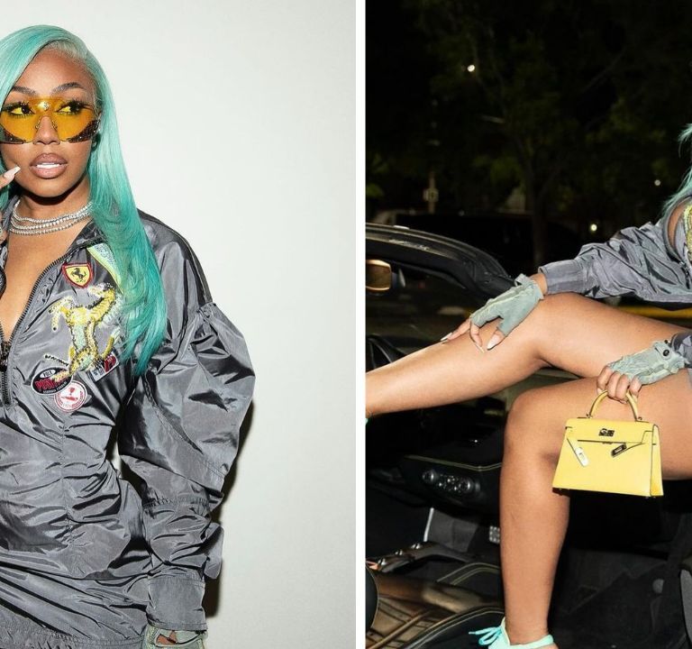 Yung Miami Posed for the ‘Gram in a Grey $2,500 Nylon Ferrari Look with a Yellow Hermes Mini Kelly