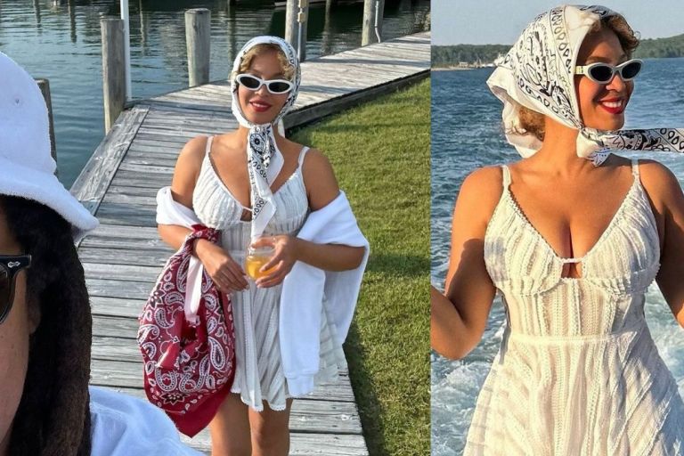 Beyoncé Wore a $470 Charo Ruiz Limmey Mini Dress with Miu Miu Shades and a New Bottega Bandana Print Bag While Vacationing in the Hamptons with Jay-Z (Shop Her Look Here)