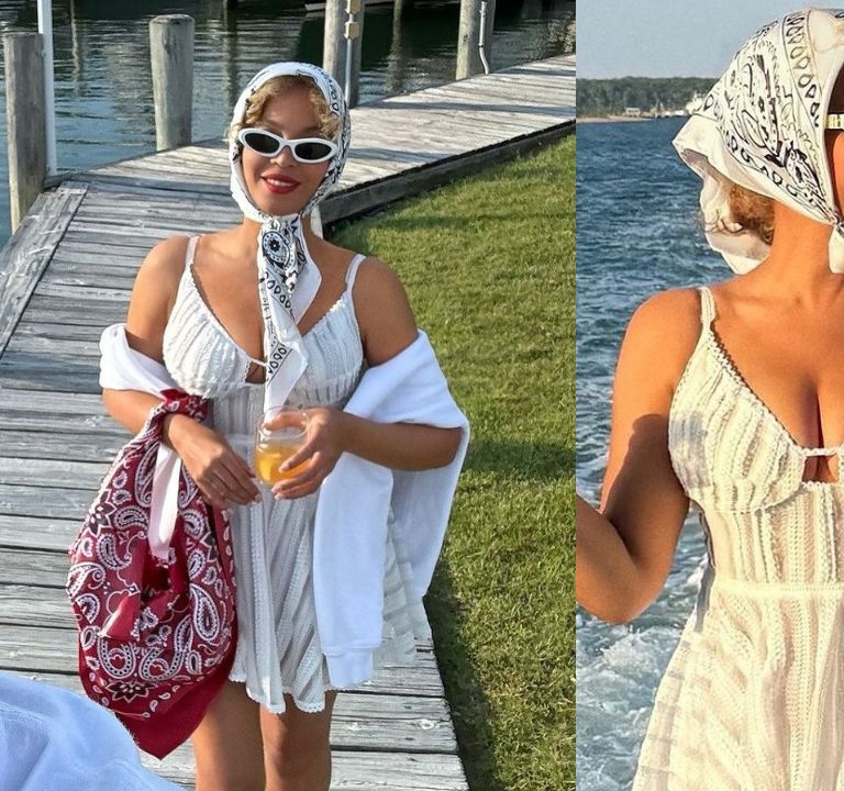 Beyoncé Wore a $470 Charo Ruiz Limmey Mini Dress with Miu Miu Shades and a New Bottega Bandana Print Bag While Vacationing in the Hamptons with Jay-Z (Shop Her Look Here)