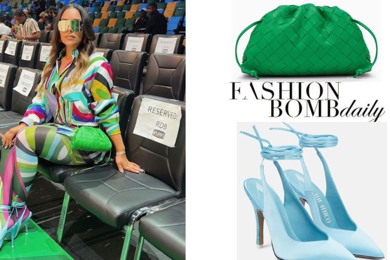 Eudoxie Posed Courtside in a Multicolored Pucci Ensemble with a Green Bottega Veneta Bag and Powder Blue The Attico Heels