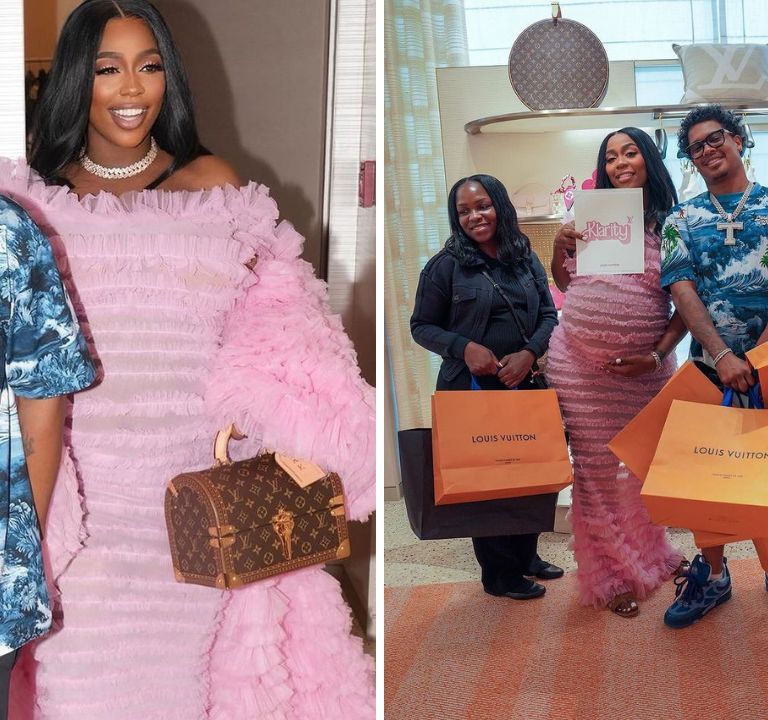 Kash Doll Celebrates Her Baby Shower in a Albina Dyla Dress at the Louis Vuitton Store in Atlanta