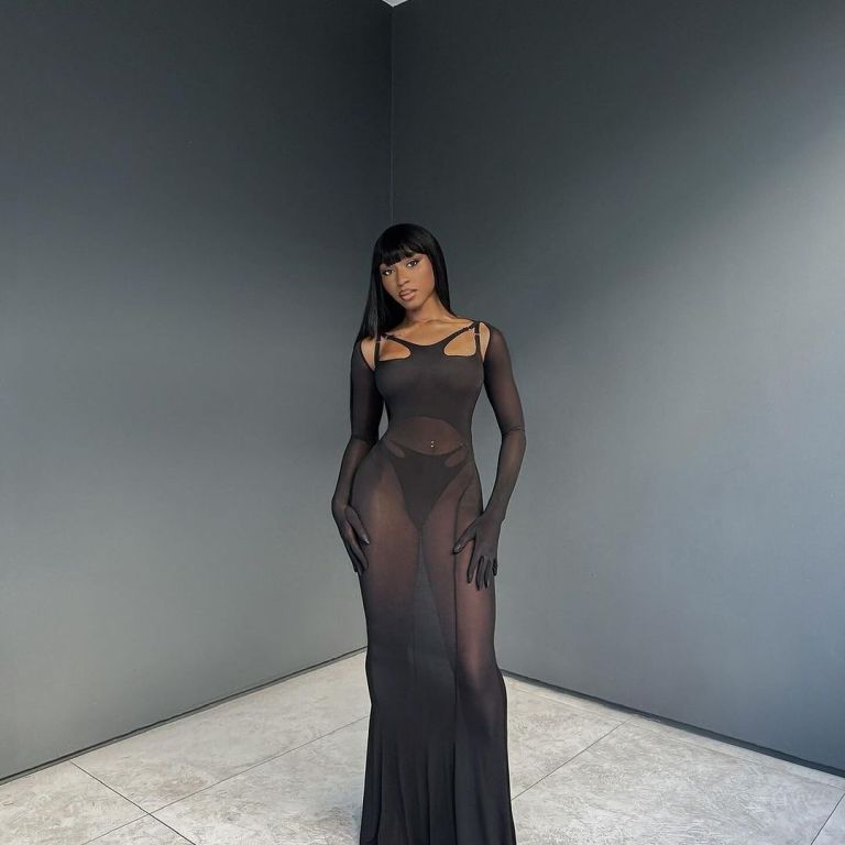 Normani Posed for the ‘Gram in a $1,380 Black Dion Lee Gloved Sheer Jersey Cutout Dress