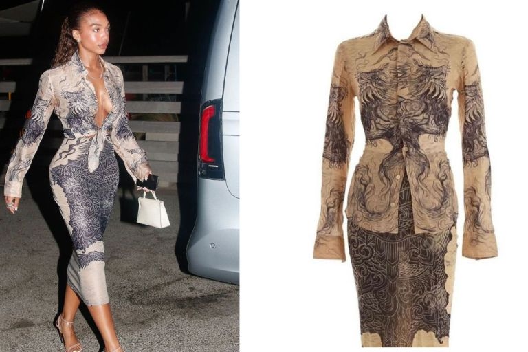 You Ask, We Answer: Lori Harvey Stepped Out in St. Tropez in a Vintage Nude and Black Jean Paul Gaultier Printed Set with Tom Ford Sandals