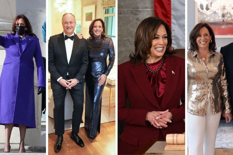 Our ‘Top 4’ VP Kamala Harris Looks including a Purple Christopher Rogers Coat, a Blue Sergio Hudson Sequin Gown,  a Maroon Christian Siriano Suit, & a Gold LaQuan Smith Sequin Top