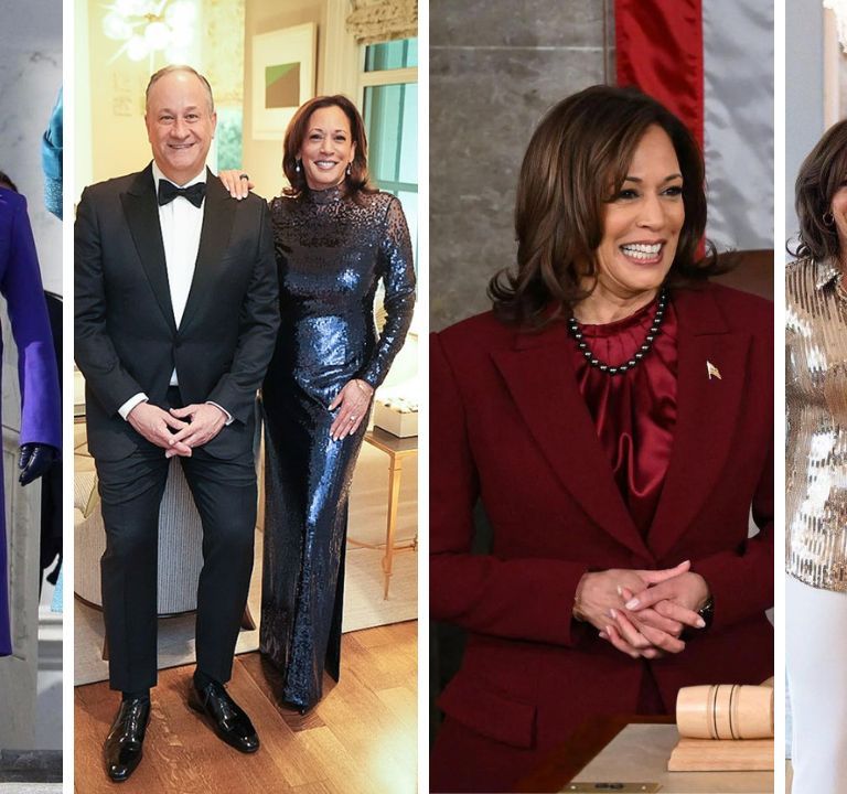 Our ‘Top 4’ VP Kamala Harris Looks including a Purple Christopher Rogers Coat, a Blue Sergio Hudson Sequin Gown,  a Maroon Christian Siriano Suit, & a Gold LaQuan Smith Sequin Top