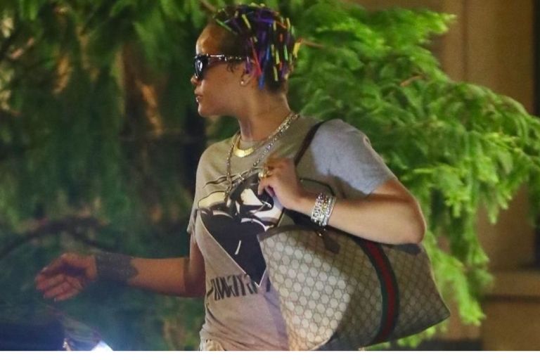 Fashion Bomb Accessories: Rihanna Was Spied in New York City with a Gucci GG Ophidia Tote Bag with GG Motif and Web Stripe