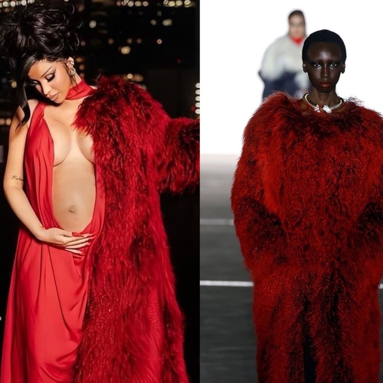 Cardi B Announces 3rd Pregnancy Wearing Red Fall 2024 Prabal Gurung Fur Coat and Gown!