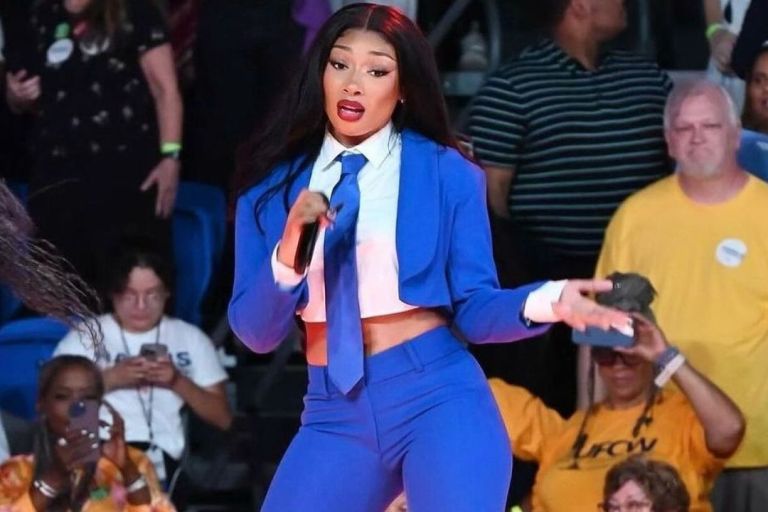 Megan Thee Stallion Performed at the Kamala Harris ATL Campaign Rally in a Custom Blue Abdul Sall Couture Suit and Tie